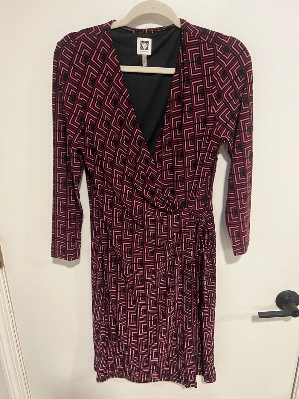 Anne Klein Burgundy and Black Geometric Wrap Dress